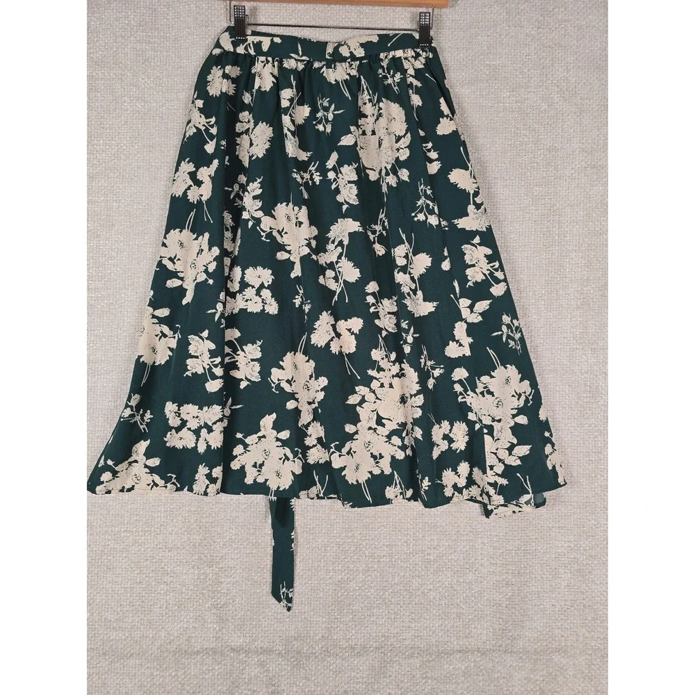 Allegra K XL‎ Green Floral Midi Skirt A-Line Self Tie Belt Side Slit Womens